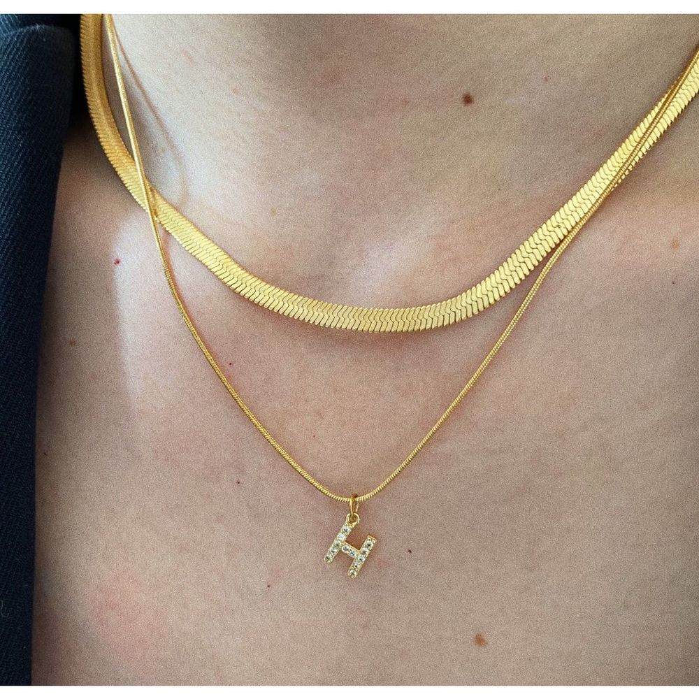 18K Gold Plated Double Layered Initial Letter H Bold Snake Herringbone Necklace - Picture 1 of 4